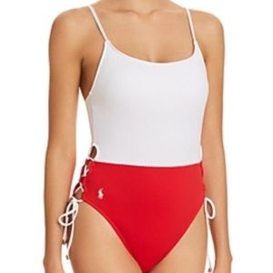 NWT Polo Ralph Lauren sz M - one piece swimsuit bathing suit red white lace up
